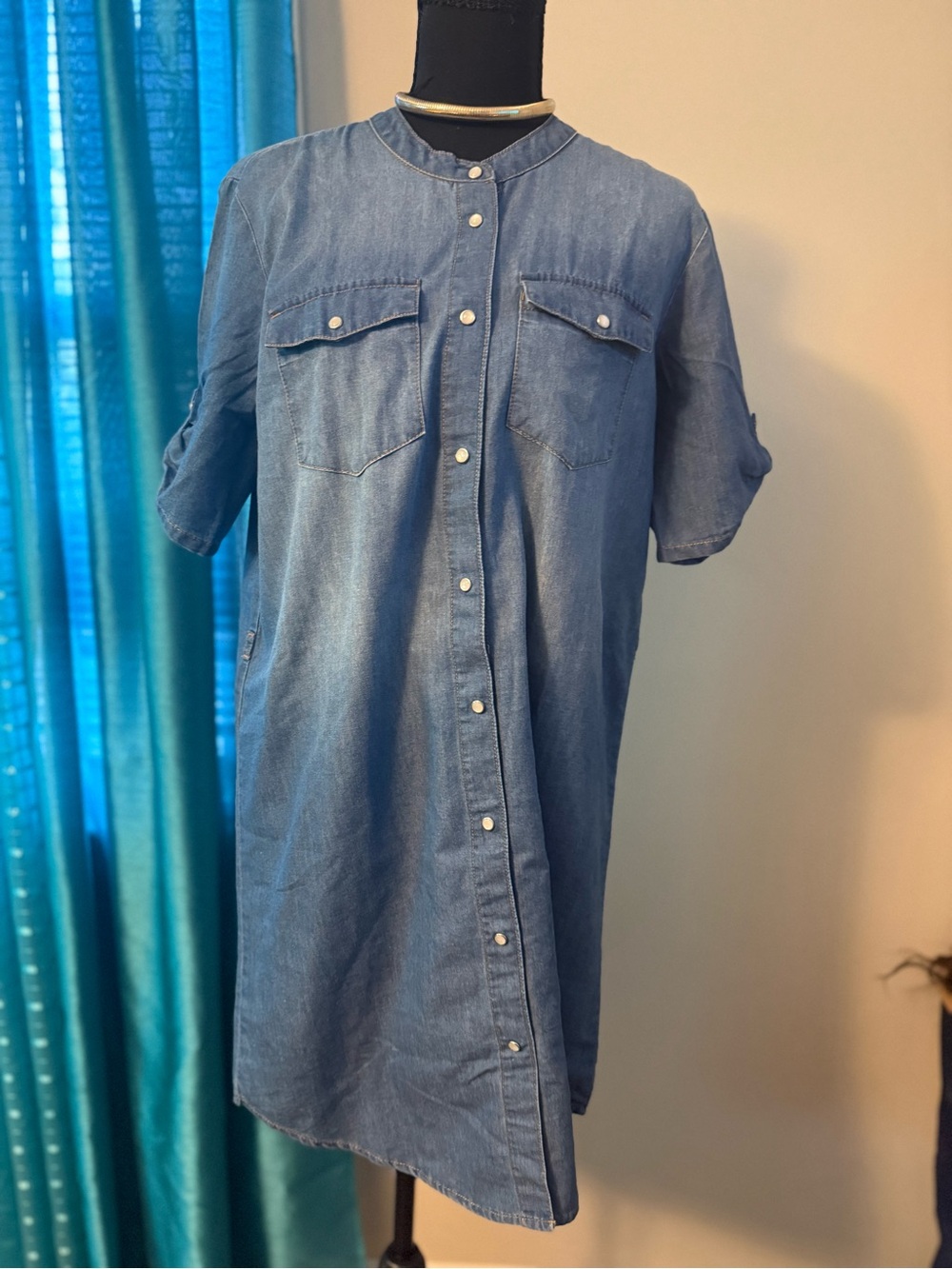 Classic Chambray Button-Down Shirt Dress - Blue